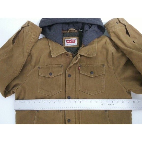 Levis Jacket Men's Medium Brown Lined Zip Snap Canvas Hoodie Trucker Coat - Picture 8 of 10